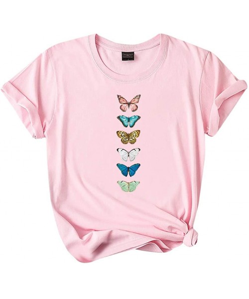 Thermal Underwear Fashion Women Reflective Butterfly Short Sleeves O-Neck Cotton T-Shirt Blouse Tops - Pink -1 - CL19C62ACKW