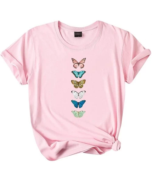Thermal Underwear Fashion Women Reflective Butterfly Short Sleeves O-Neck Cotton T-Shirt Blouse Tops - Pink -1 - CL19C62ACKW