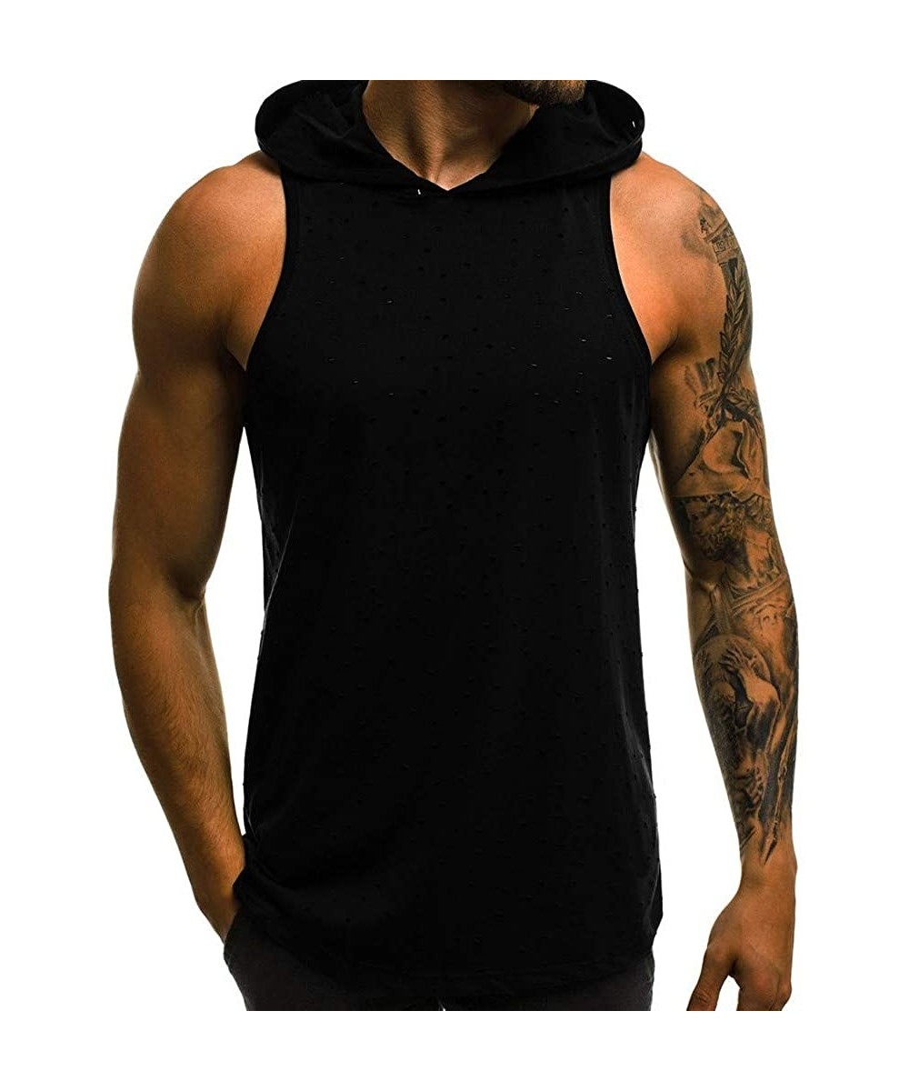 Bikinis Men's Workout Hooded Tank Tops Bodybuilding Muscle Cut Off T Shirt Sleeveless Gym Hoodies - Black a - CG194EALITD