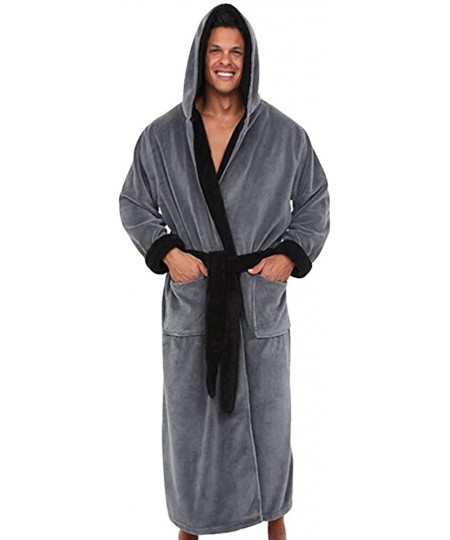 Robes Men's Pajamas Winter Large Size Long Nightclothes Fashion Solid Color Comfortable Bow Belt Bathrobe - Gray - C818LYINM4I