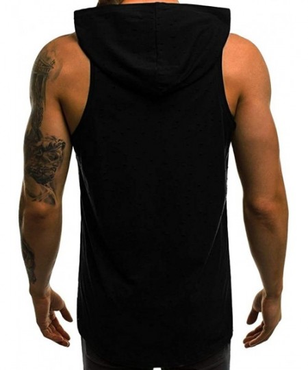 Bikinis Men's Workout Hooded Tank Tops Bodybuilding Muscle Cut Off T Shirt Sleeveless Gym Hoodies - Black a - CG194EALITD