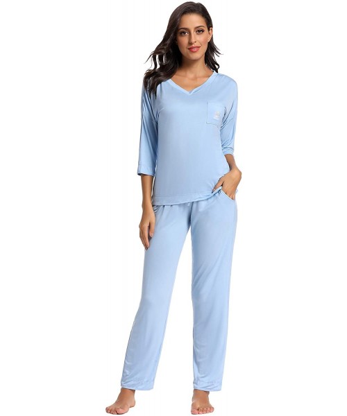 Sets Women's V-Neck Knit Sleepwear 3/4 Sleeves Top with Pants Soft Pajama Set - A-light Blue - CG18XS2HNWW