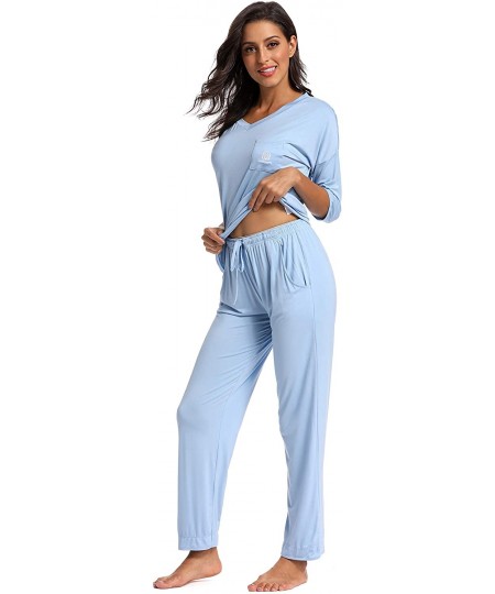 Sets Women's V-Neck Knit Sleepwear 3/4 Sleeves Top with Pants Soft Pajama Set - A-light Blue - CG18XS2HNWW