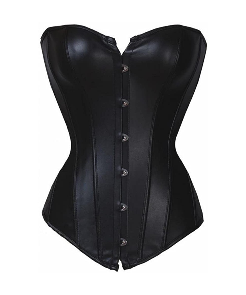 Bustiers & Corsets Women's Overbust Faux Leather Corset Lace Up Back Bustier - Black - C811MY4DVWV