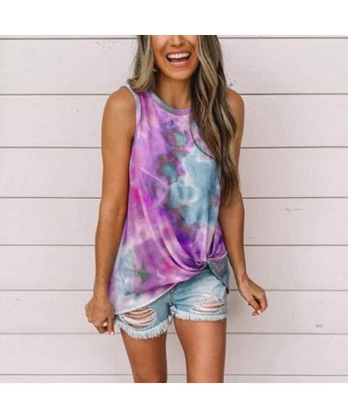 Nightgowns & Sleepshirts Sleevesless Tops and Blouse Womens Round Neck Sleeveless Tie Dye Print Knot Front Summer Tank Top T ...