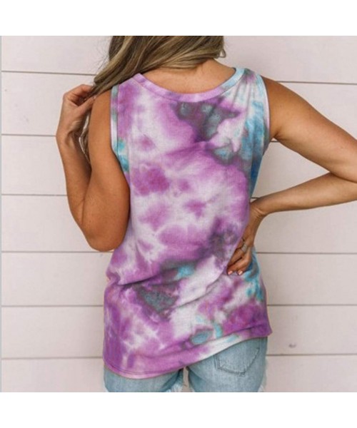 Nightgowns & Sleepshirts Sleevesless Tops and Blouse Womens Round Neck Sleeveless Tie Dye Print Knot Front Summer Tank Top T ...
