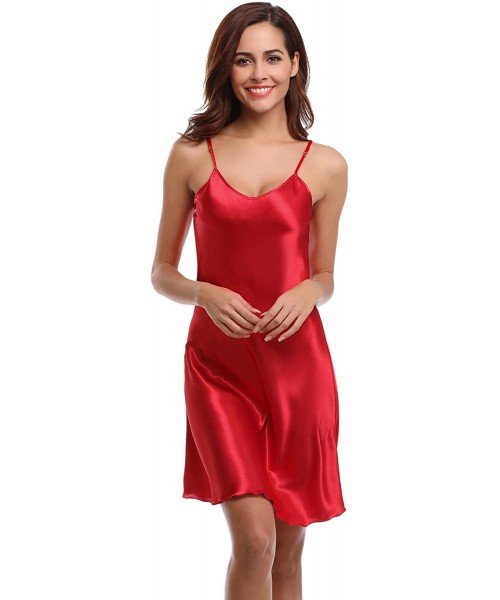 Nightgowns & Sleepshirts Nightgowns for Women Satin Chemise Slip Sleepwear Nightshirt Sexy V Neck Spaghetti Strap - Red - CD1...