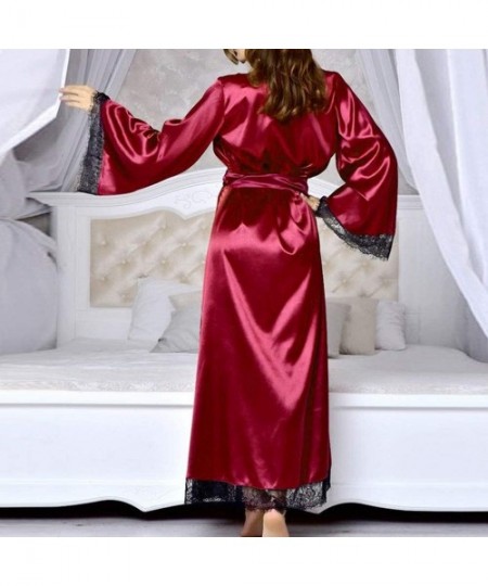 Shapewear Women Loose Pajamas Sexy Long Silk Kimono Dressing Gown Bath Robe Babydoll Lingerie Nightdress - Wine Red - CK18NWH...