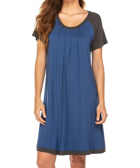 Nightgowns & Sleepshirts Nightshirt Womens Sleepwear Short Sleeve Sleepshirts Comfy Pleated Scoopneck Nightgowns - Navy - CY1...