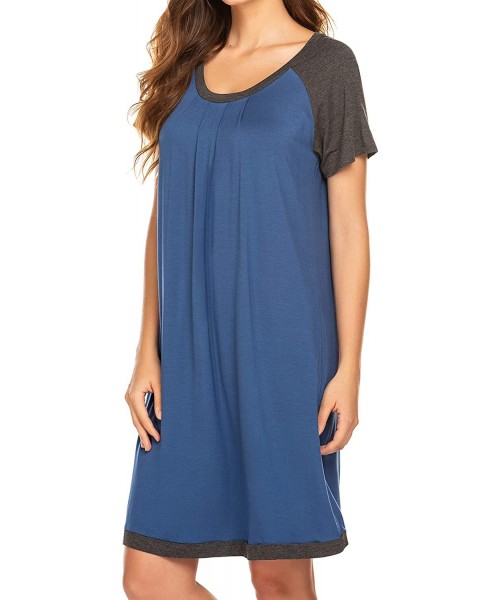 Nightgowns & Sleepshirts Nightshirt Womens Sleepwear Short Sleeve Sleepshirts Comfy Pleated Scoopneck Nightgowns - Navy - CY1...