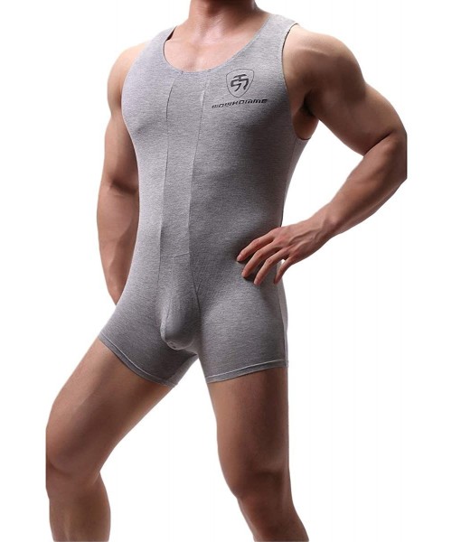 Shapewear Men Bodysuits Wrestling Singlet Leotard Modal Undershirts Fitness Jumpsuit Shorts - Light Grey 2 - CL18WXSEXMY