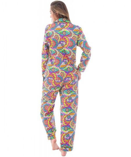 Sets Women's Warm Flannel Pajama Set- Long Novelty Button Down Cotton Pjs - Vibrant Kaleidoscope With Black Piping - CW17Y4YMRUL