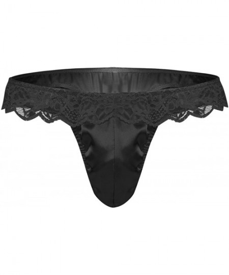 Briefs Men's Frilly Satin Bikini Briefs Lace Ruffle Panties Crossdress Underwear - Black - C418G2M9XDA