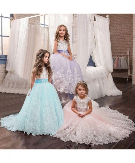 Slips Girls Embroidery Princess Dress Wedding Birthday Party Long Tail Prom Gowns - A-pink - CN18W5T9ROH