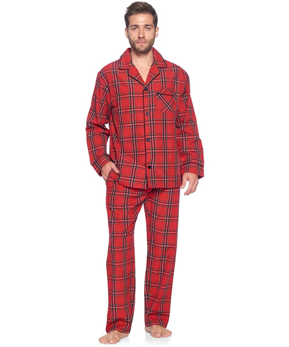 Sleep Sets Men's Long Sleeve Pajamas Set | Woven Plaid Sleepwear & Loungewear Button Down PJ Set - Red/Black Stewart - CC18UN...