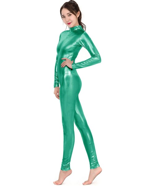 Shapewear Womens Shiny Metallic Spandex Zip Up Catsuit Unitard- Green- XXL - CE188RMXXI0