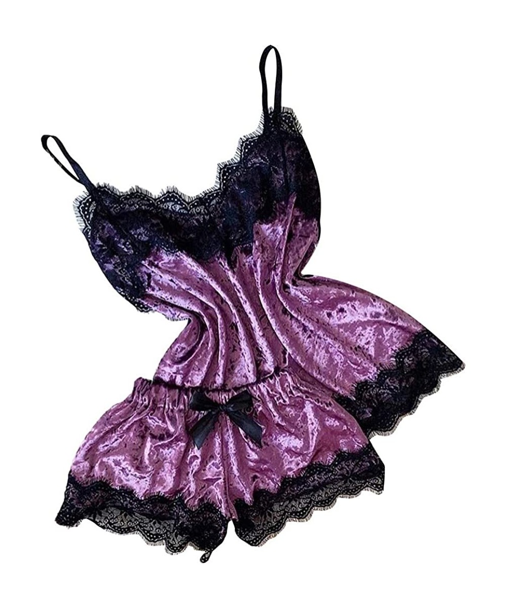 Sets Women Pajamas Set Satin Silk Cami Set Silky Lace Nightwear Short Sleepwear Lingerie - E Purple - CI194WSC8GQ