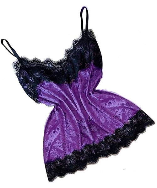 Sets Women Pajamas Set Satin Silk Cami Set Silky Lace Nightwear Short Sleepwear Lingerie - E Purple - CI194WSC8GQ
