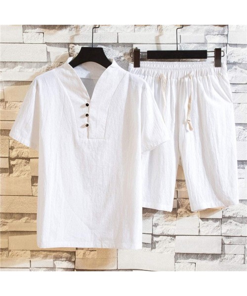 Shapewear Men's Cotton Linen Sets Fashion Casual Comfortable Short Sleeve Shorts Suit - D White - C5195H49K7D