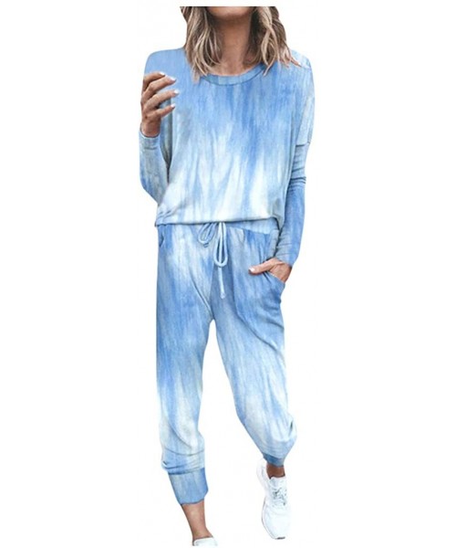 Sets Tie Dye Pajamas for Women Womens Long Sleeve Tie Dye Sweatsuit Pullover Sweatpants Jogger Long Pajamas Set Blue - CO19DS...