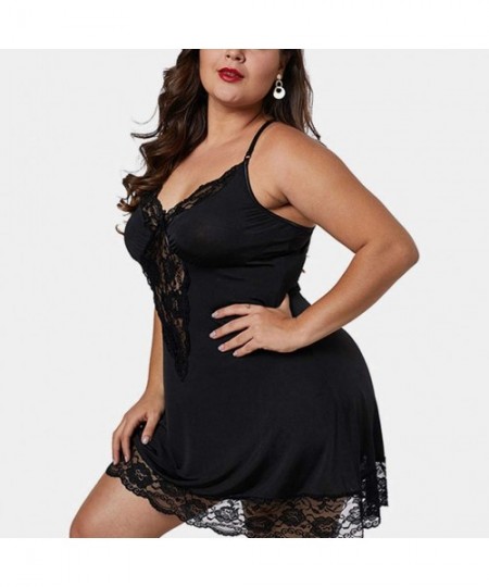 Tops Lingerie Dress-Women's Sexy Plus Size V-Neck Lace Insert Hollow Out Sleepwear Mini Strap Dress - Black - CK18W7N82CW