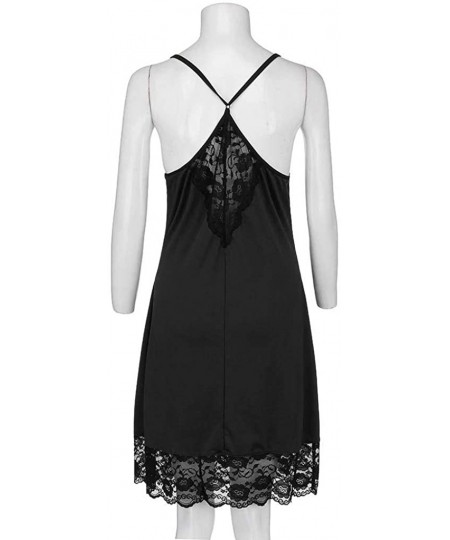Tops Lingerie Dress-Women's Sexy Plus Size V-Neck Lace Insert Hollow Out Sleepwear Mini Strap Dress - Black - CK18W7N82CW