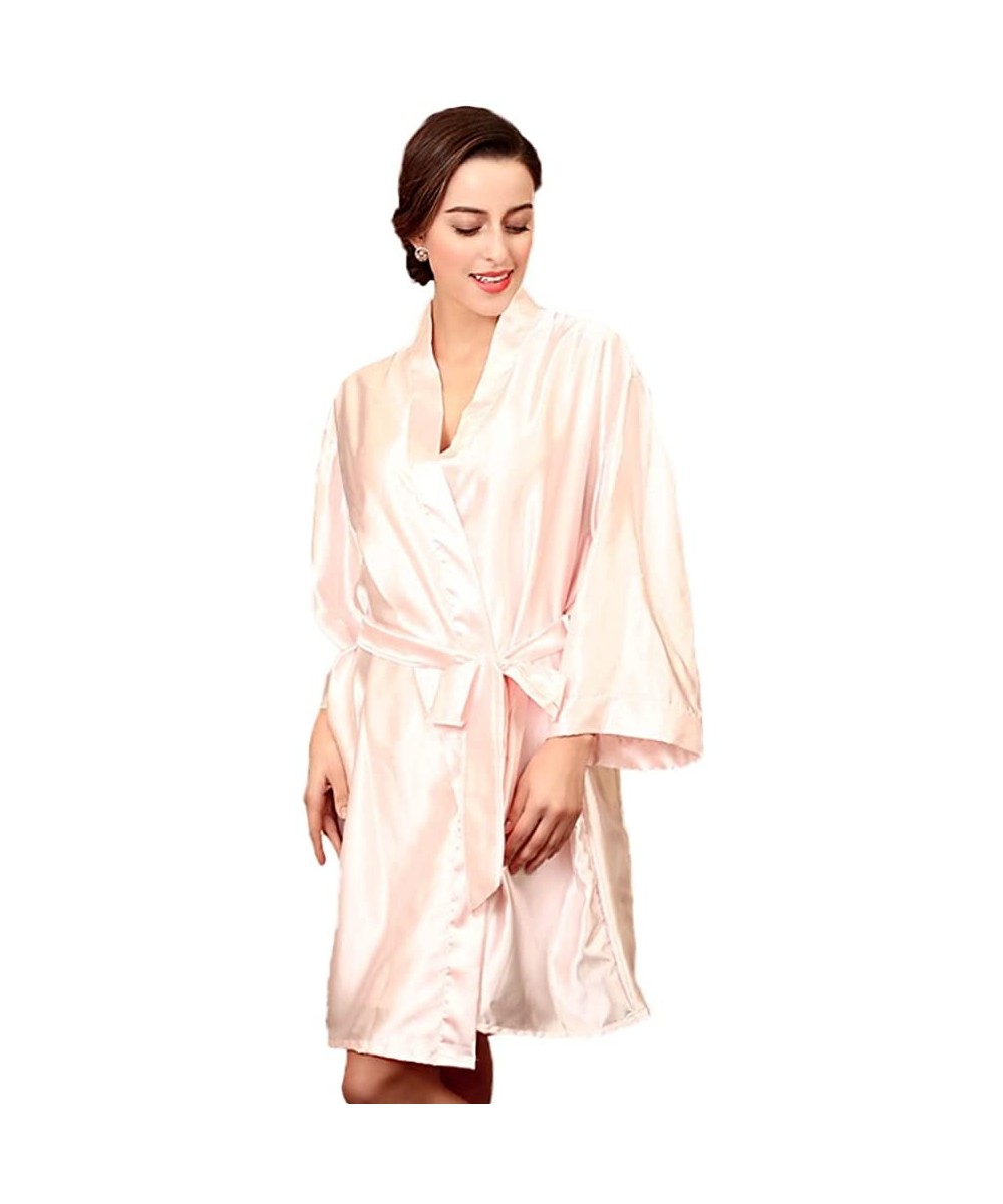 Nightgowns & Sleepshirts Women's Kimono Robe Knee Length Lingerie Sleepwear Short Satin - Light Pink - CI12IUINPM5