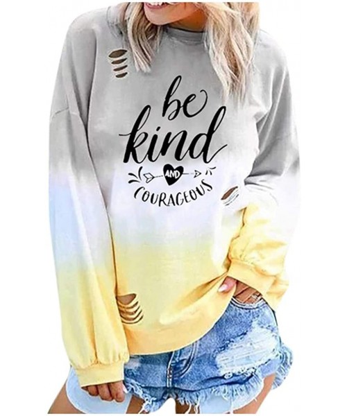 Tops Fashion Women Gradient Contrast Color Pullover Shredded Top Letter Printed Long Sleeve O-Neck Casual Top Sweatshirt - Ye...