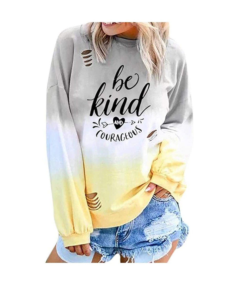 Tops Fashion Women Gradient Contrast Color Pullover Shredded Top Letter Printed Long Sleeve O-Neck Casual Top Sweatshirt - Ye...