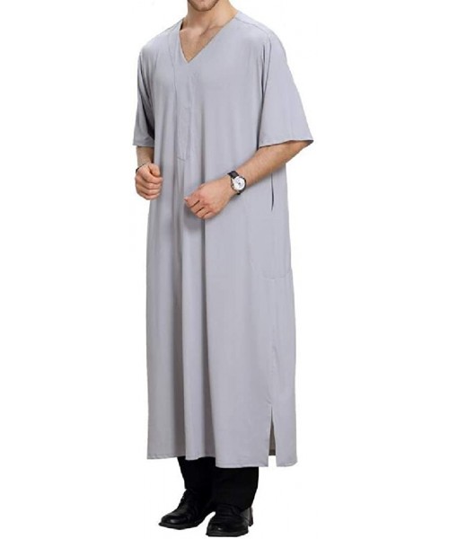 Robes Men's Solid Relaxed Fit V-Neck 3/4 Sleeve Muslim Islamic Dubai Arab Robe Abaya - Grey - CL18X69504N