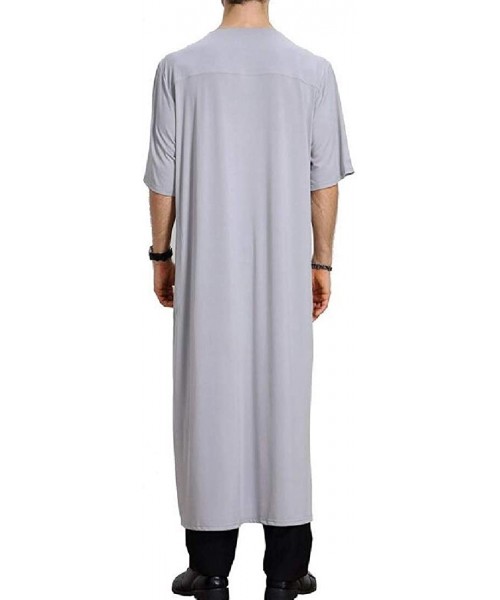 Robes Men's Solid Relaxed Fit V-Neck 3/4 Sleeve Muslim Islamic Dubai Arab Robe Abaya - Grey - CL18X69504N