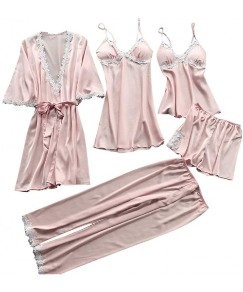 Sets Silk Overall 5 PCS Pajamas Set - 5PC Suit Satin Pajamas Sexy Lace Pijama Babydoll Nightwear Home Clothes - Pink - C11952...