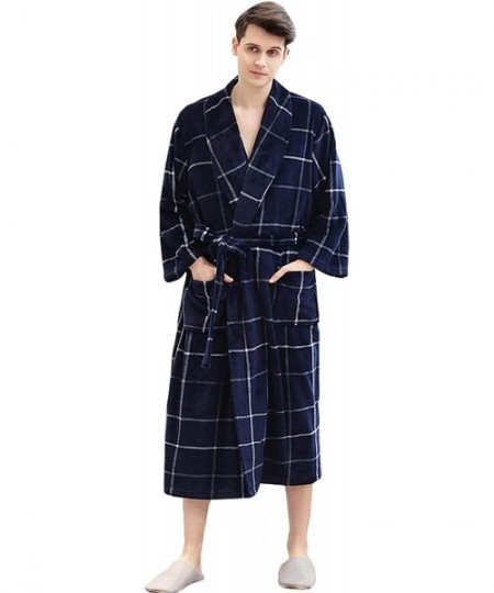 Robes Winter Thickened Long Robe Flannel Plaid Pajama Coral Velvet Couple Bathrobe - Blue-men - C41937QNZ73