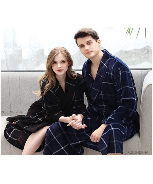 Robes Winter Thickened Long Robe Flannel Plaid Pajama Coral Velvet Couple Bathrobe - Blue-men - C41937QNZ73