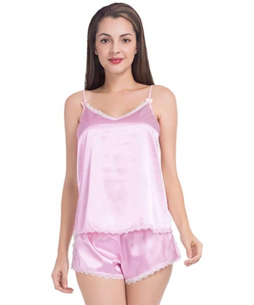 Sets Satin Pajamas for Women Cami Shorts Set Lingerie Lace Sexy Sleepwear - Lace Pink - CH18SK3WK74