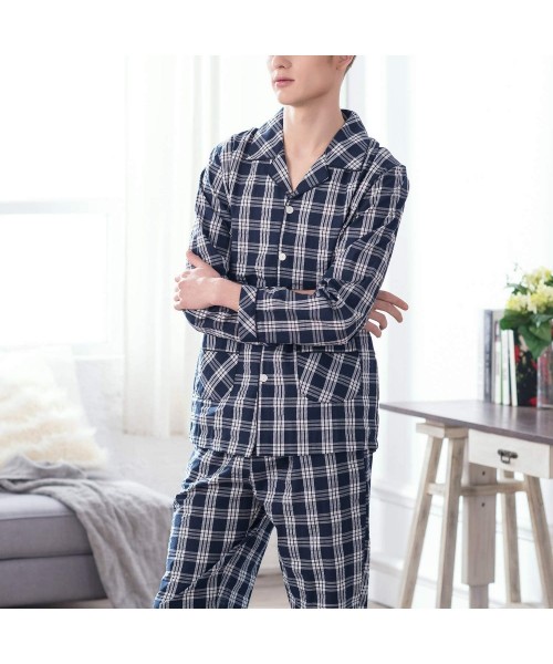 Sleep Sets Men's Casual Pajamas Set Plaid 2 Pieces Long Sleeves Pants Cotton Pockets Nightwear - Navy - C318X65QM7Y