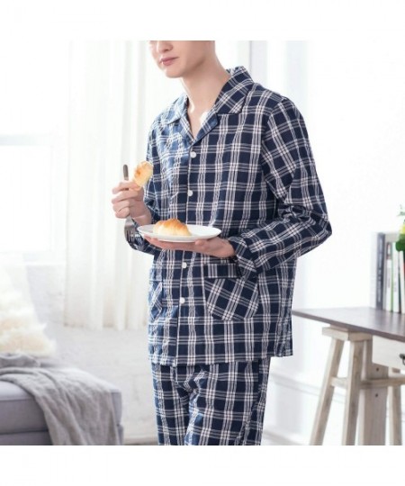 Sleep Sets Men's Casual Pajamas Set Plaid 2 Pieces Long Sleeves Pants Cotton Pockets Nightwear - Navy - C318X65QM7Y