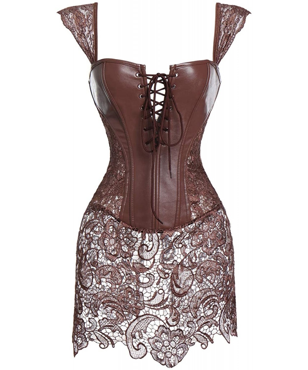 Bustiers & Corsets Women Corset Waist Bustier Dress Lace Boned Adjustable Shaper Overbust Bustier Steampunk Skirt - Brown - C...