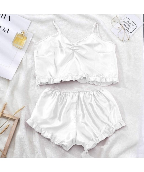 Sets Sleeveless v Neck Cami Satin Pajamas for Women Summer Solid Ruffle Hem Sleepwear Ladies Shorts Sexy Pajamas Set White - ...