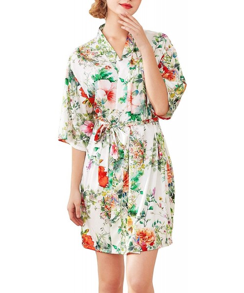 Robes Women's Silk Short Robe Floral Satin Kimono Nightwear Bridal Half Sleeve Loungewear - 1058-white - CW18U60TTWI
