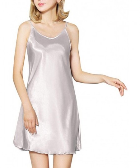 Nightgowns & Sleepshirts Women Lingerie Satin Full Slip Strap Chemises Midi Sleepwear Simple Elegant Nightshirts - Silver - C...
