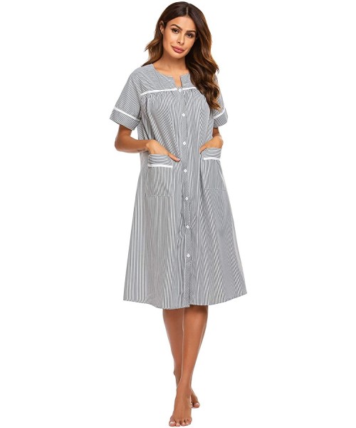 Robes Women's Striped Sleepwear Button Down Duster Short Sleeve House Dress Nightgown - Black - CA18NW4X0Q7