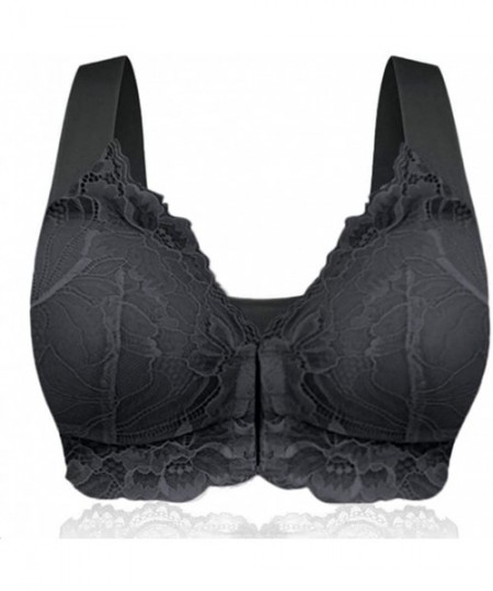 Thermal Underwear Women's Adjustable Sports Bra- Ladies Plus Size Front Closure Breathable Lace Trim Bra - Black - C618Y3HHIQ0