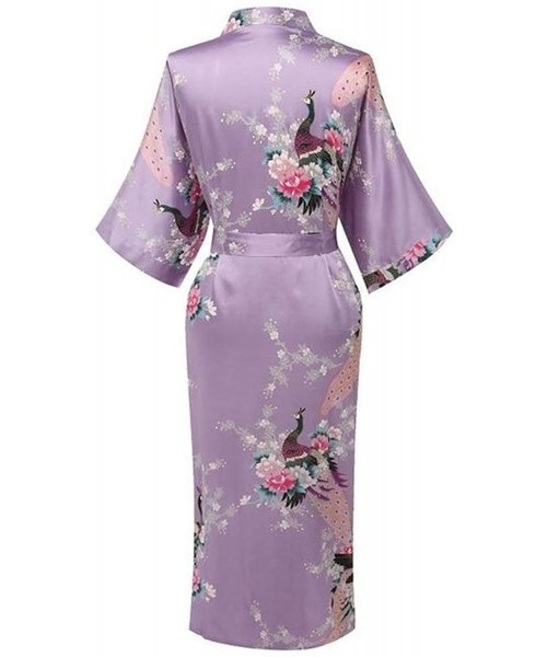 Robes Light Purple Print Flower Women Robe Gown Chinese Traditional Bathrobe Sleepwear Novelty Kimono Dress Mid Length 13 - C...