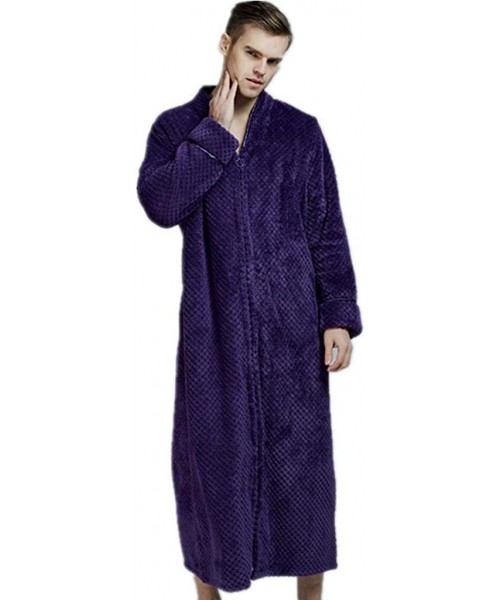 Robes Men's Flannel Robe - Mens Shawl Collar Zip Up Lightweight Bathrobe Warm Fleece Plush Big Tall Pajamas - Purple - C0193G...