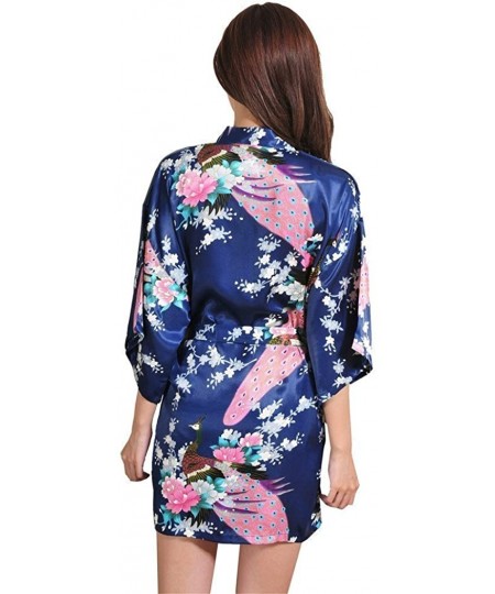 Robes Women's Sexy Japanese Kimono Silk Short Robe Peacock Nightgown Sleepwear - Dark Blue - C2182QCU7LD