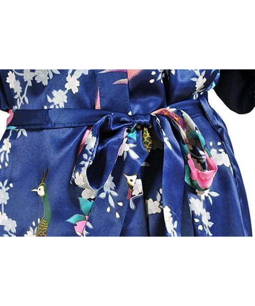 Robes Women's Sexy Japanese Kimono Silk Short Robe Peacock Nightgown Sleepwear - Dark Blue - C2182QCU7LD