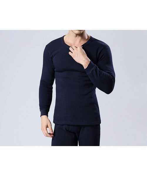 Thermal Underwear Mens Soft Cotton Thermal Underwear Thermal Top and Bottom Long Johns Set Stretchy Base Layer - Navy - CW192...