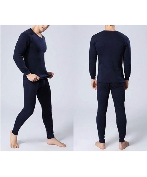 Thermal Underwear Mens Soft Cotton Thermal Underwear Thermal Top and Bottom Long Johns Set Stretchy Base Layer - Navy - CW192...