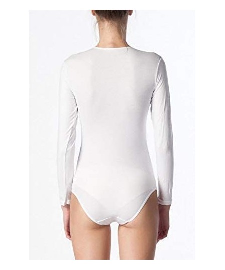 Shapewear Womens Basic Solid Long Sleeve Round Crew Neck Bodysuit Lingerie with Stretch - White - CF128UIPL0J